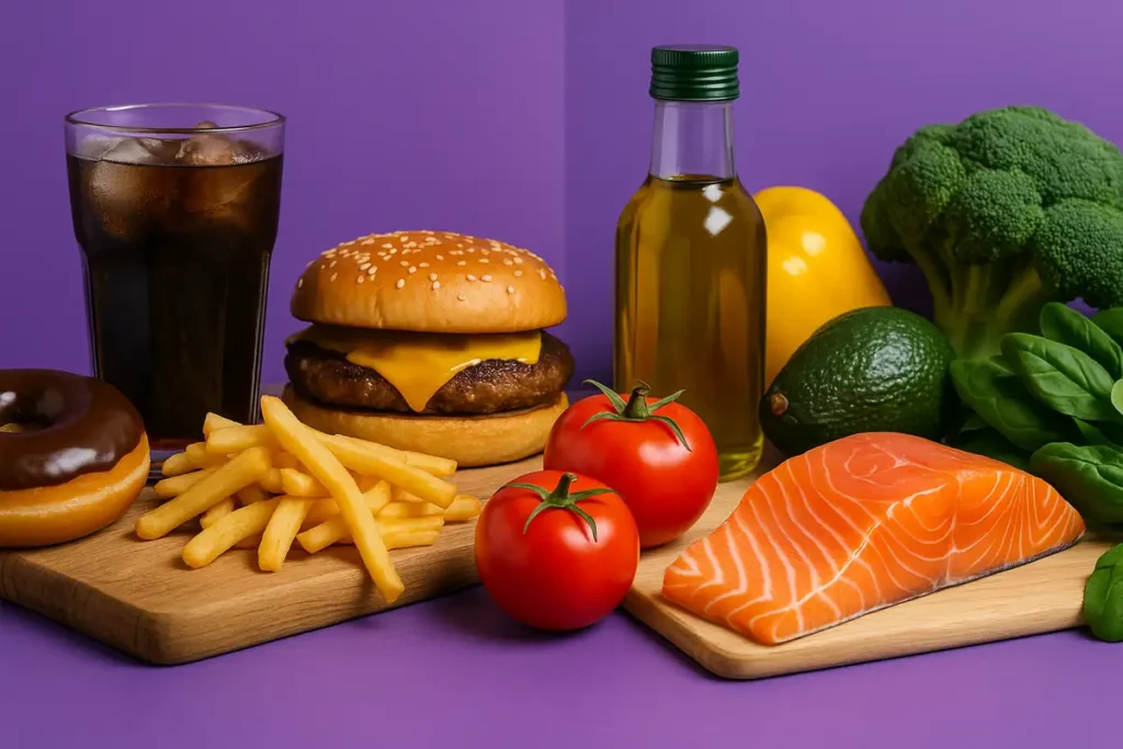 نمای متضاد بین فست‌فودها و غذاهای سالم برای نمایش اثر تغذیه بر التهاب بدن