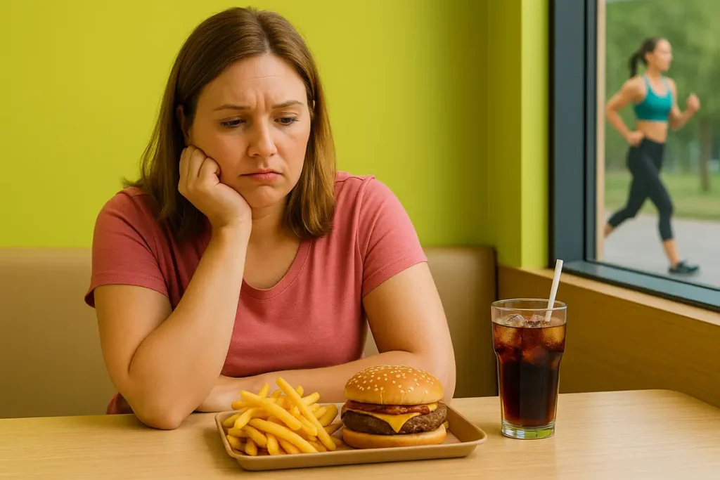 زن در رستوران فستفود در حال نگاه به همبرگر و سیبزمینی سرخشده، نشاندهنده تأثیر غذاهای ناسالم بر چربی شکم زنان