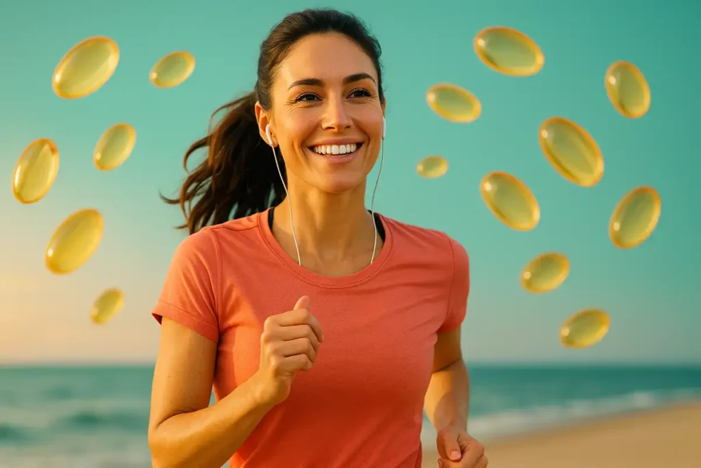 زن پرانرژی با پوست درخشان در حال دویدن کنار دریا برای نمایش فواید امگا ۳ بر انرژی و پوست