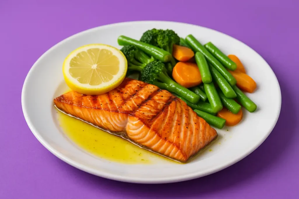 بشقاب ماهی سالمون گریل شده با روغن زیتون و سبزیجات بخارپز به عنوان غذای ضدالتهاب