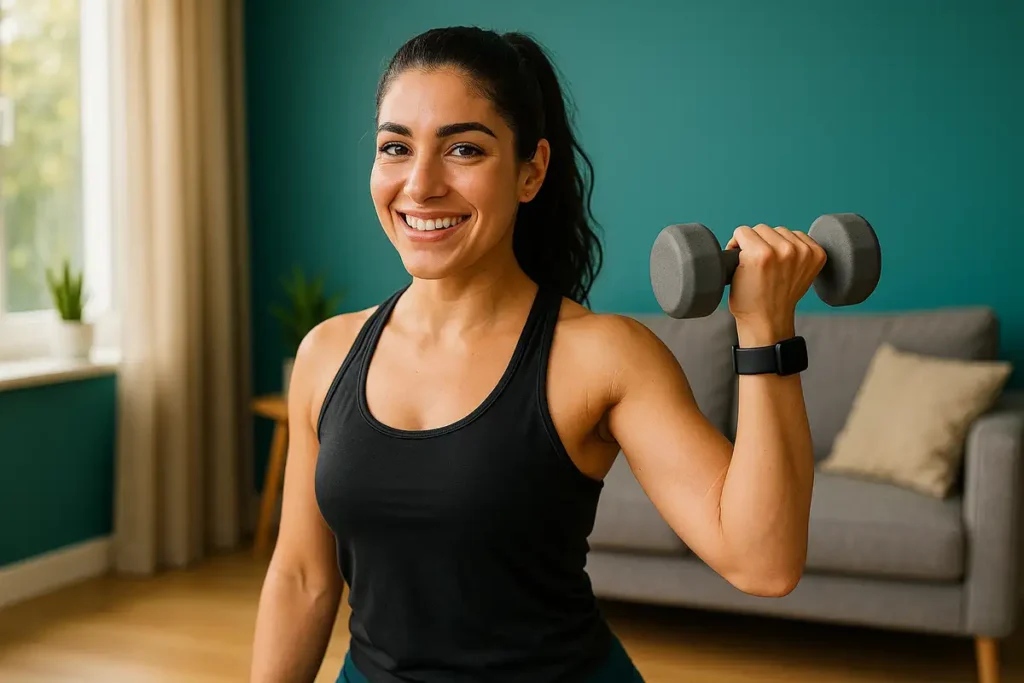 زن ورزشکار در حال تمرین با دمبل در خانه برای کسب مزایای این نوع تمرین ورزشی