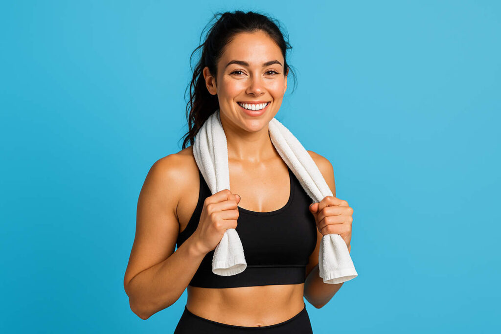 زن ورزشکار بعد از گرم کردن عضلات تمرین بدنسازی لبخند رضایت دارد