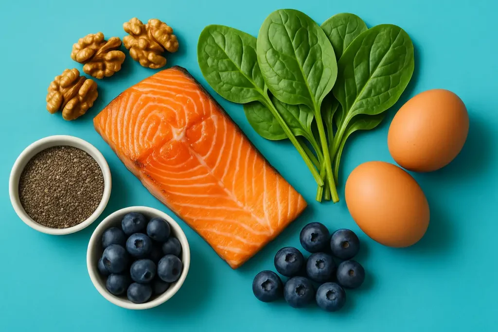 نمای نزدیک از مواد غذایی سرشار از امگا۳ و آنتیاکسیدان برای تقویت تمرکز زنان