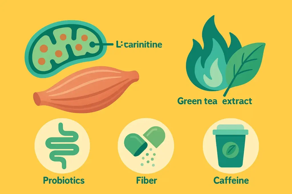اینفوگرافیک افقی درباره نحوه عملکرد ال کارنیتین، چای سبز و فیبرهای لاغری به صورت علمی و ساده