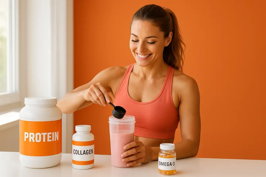 زن فیتنسکار در حال آمادهسازی شیک پروتئینی با مکملهای سالم برای زنان