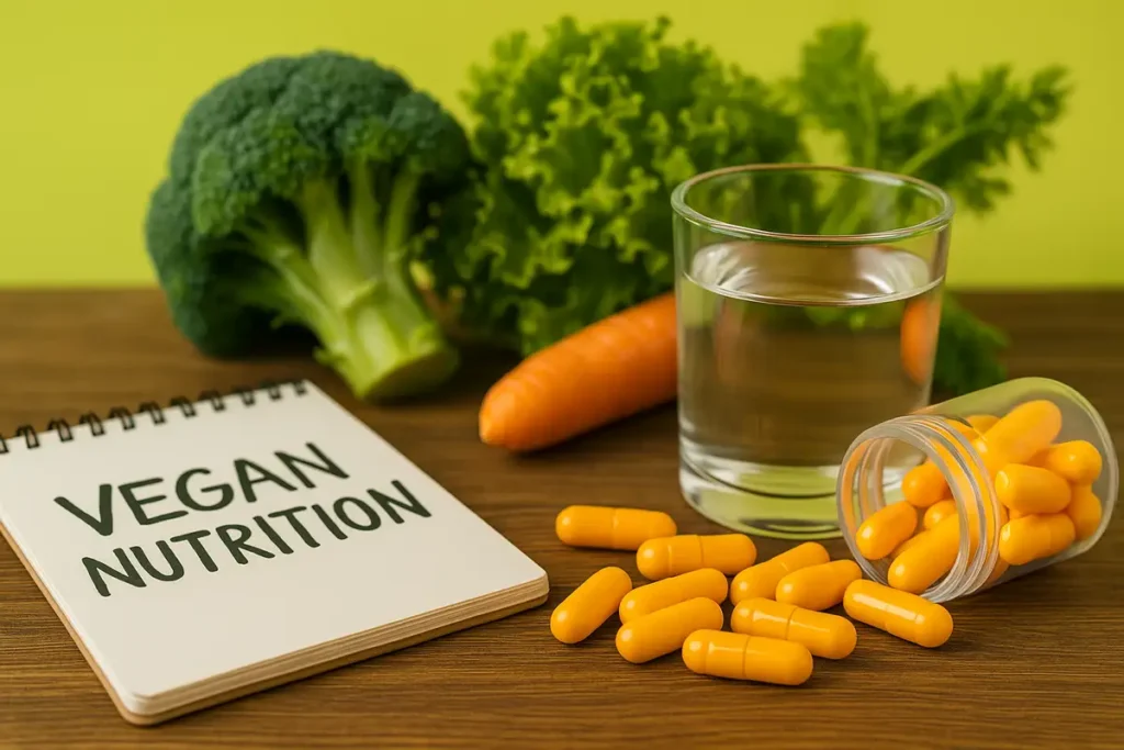 کپسولهای ویتامین B12 روی میز چوبی کنار سبزیجات تازه و دفترچه تغذیه گیاهی