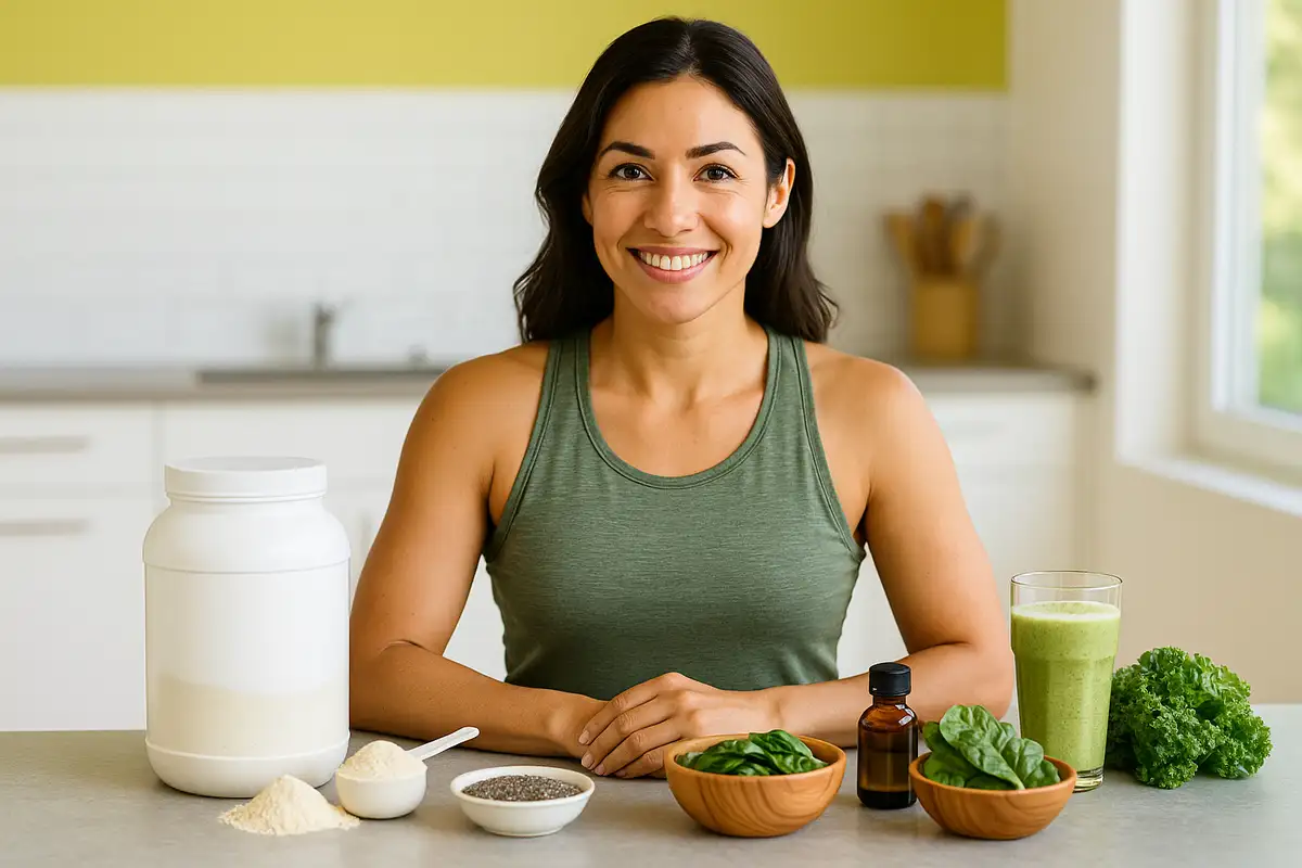 زن گیاه‌خوار ورزشکار در آشپزخانه مدرن با مکمل‌های گیاهی مانند پروتئین، سبزیجات و اسموتی سبز