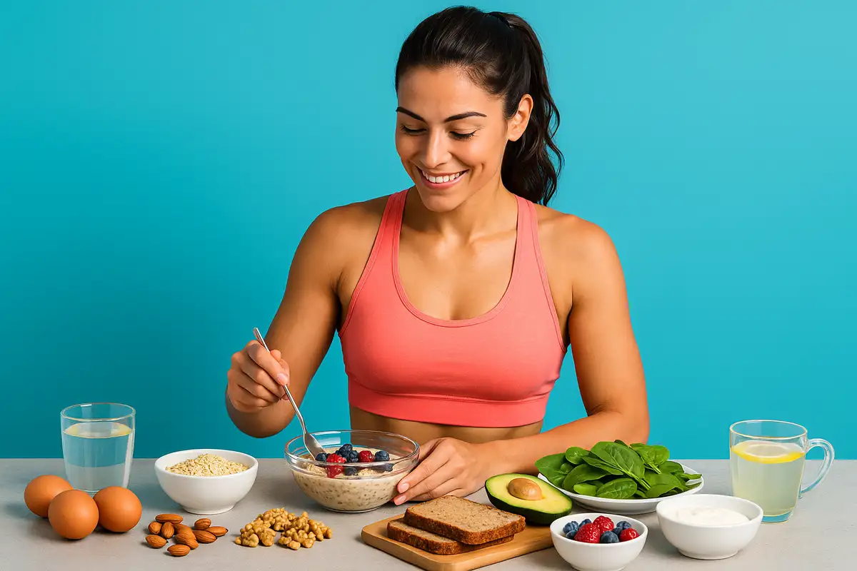 زن ورزشکار در حال آمادهسازی صبحانه انرژیزا برای افزایش انرژی و کاهش خستگی