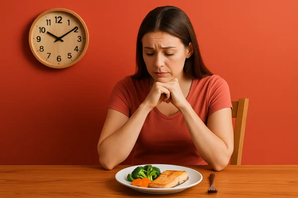 زن در آشپزخانه در حال تردید برای خوردن شام سبک در ساعت نه شب