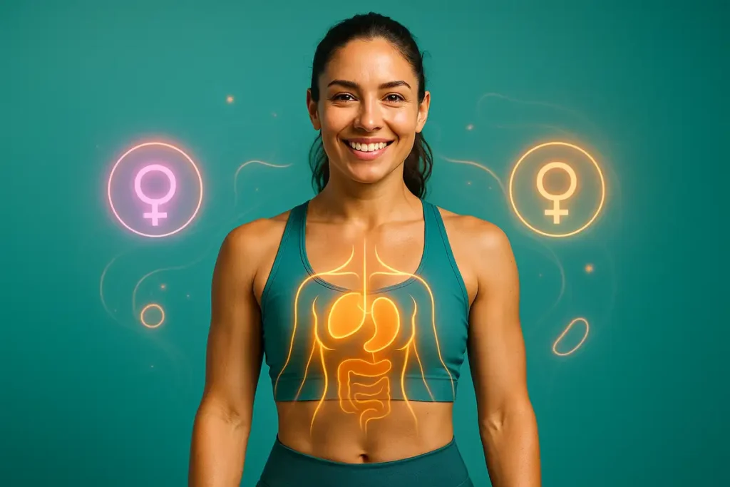 زن ورزشکار با نمایی از تعادل هورمونها و انرژی در بدن برای نشان دادن نقش امگا ۳ در سلامت زنان