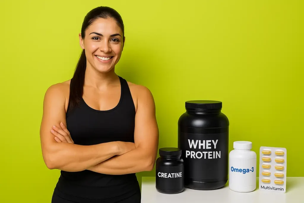 تصویر علمی بدن زن فیتنسکار با نمایش نقش مکملها مانند پروتئین، کراتین و امگا۳ در عملکرد عضلات و سلامت بدن