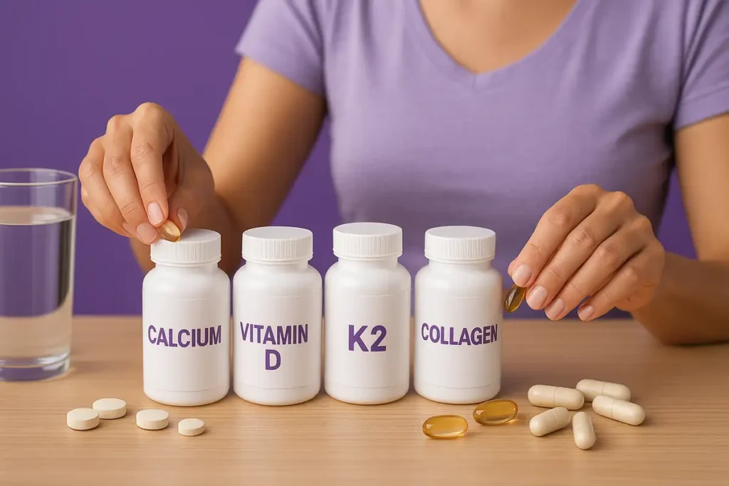دستهای زن در حال چیدن مکملهای کلسیم و ویتامین D برای سلامت استخوان روی میز