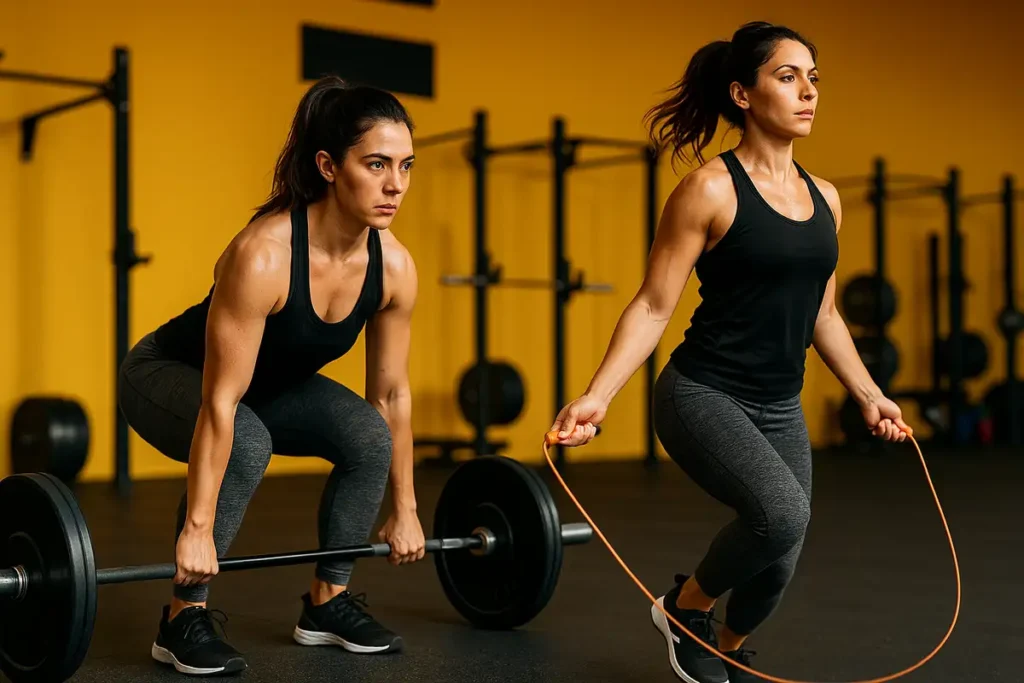 زن ورزشکار در حال اجرای تمرینات ترکیبی شامل وزنهبرداری و هوازی برای کاهش وزن سریع