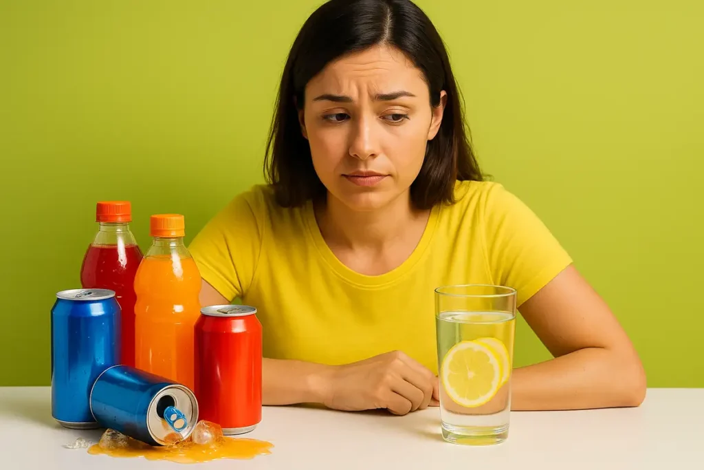 زن جوانی در آشپزخانه بین نوشابه و آب لیمو مردد است، نمادی از تأثیر نوشیدنی‌های قندی بر چربی شکم زنان