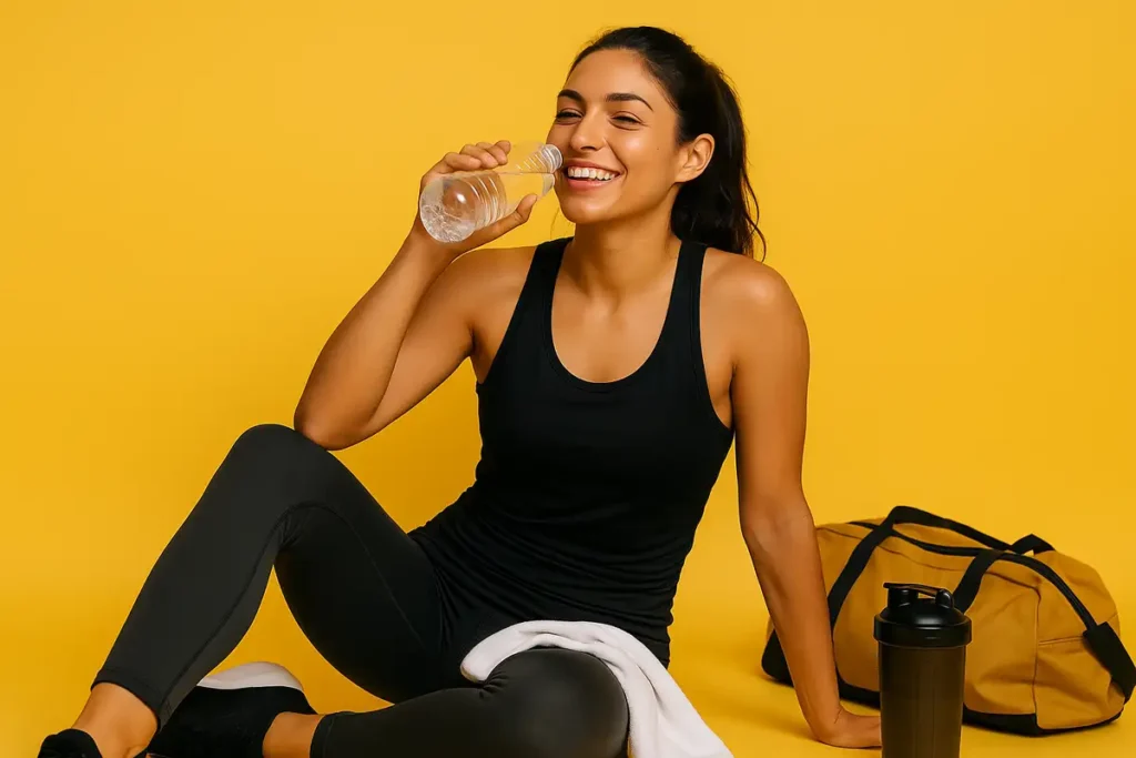 زن ورزشکار پس از تمرین در حال استراحت و نوشیدن آب برای بازیابی انرژی و نتیجه‌گیری سریع‌تر در کاهش وزن