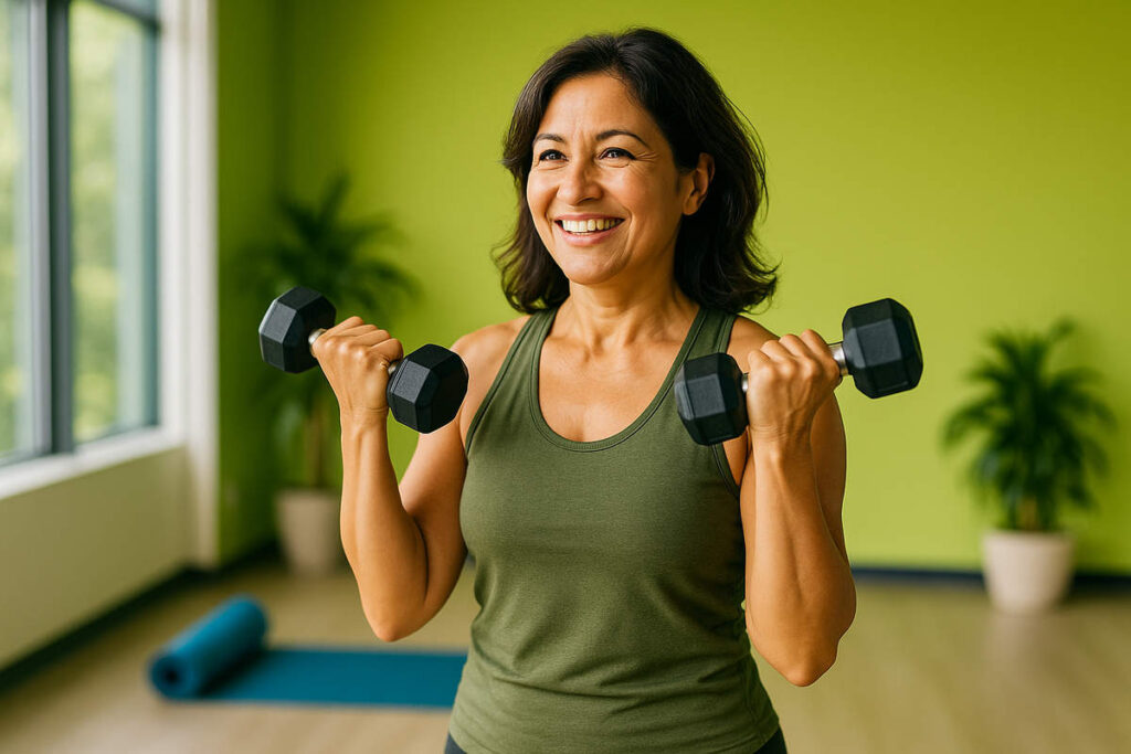 زن ورزشکار بالای ۴۰ سال در باشگاه مدرن در حال تمرین با دمبل به همراه نور طبیعی و فضای پرانرژی