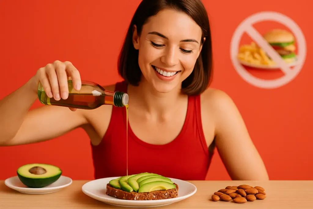 زن در حال آماده کردن صبحانه سالم با آووکادو و روغن زیتون برای نشان دادن چربی‌های مفید