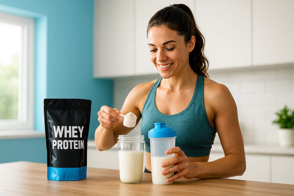 زن ورزشکار در حال آماده کردن شیک پروتئین وی ساده پس از تمرین در آشپزخانه روشن و مدرن