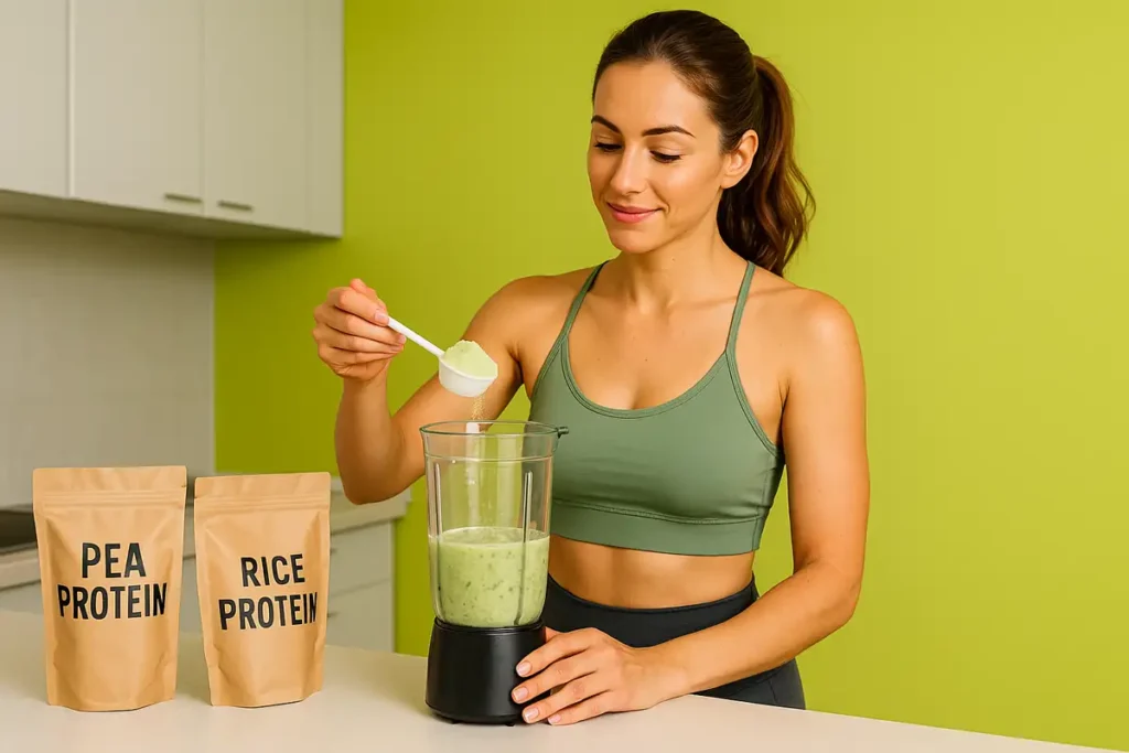 زن ورزشکار گیاهخوار در آشپزخانه در حال تهیه شیک پروتئین نخود و برنج با میکسر