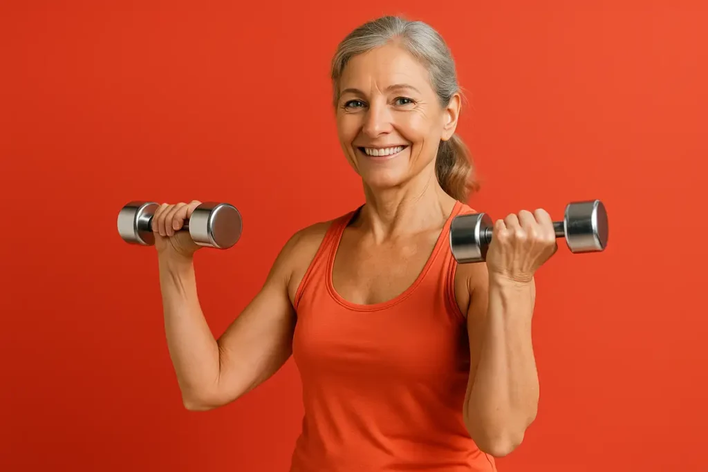 زن میانسال سالم در حال تمرین با دمبل سبک در خانه برای مقاله کراتین پس از یائسگی