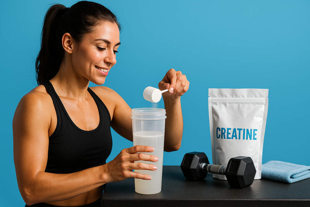 ورزشکار زن در باشگاه در حال مخلوط کردن پودر کراتین مونوهیدرات با آب در شیکر ورزشی