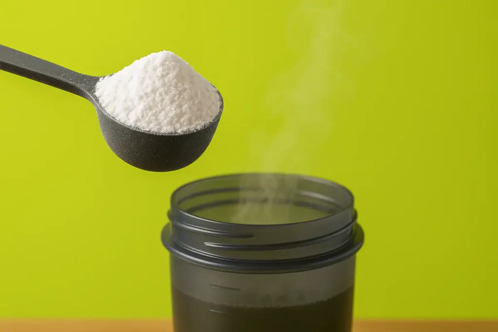 قاشق کراتین مونوهیدرات روی شیکر ورزشی در محیط باشگاه با نور سرد و پسزمینه متالیک