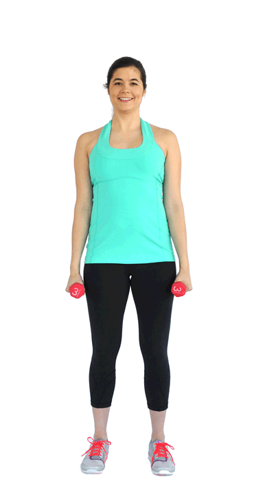 زن ورزشکار در حال انجام حرکت شراگ با دمبل جفت دست