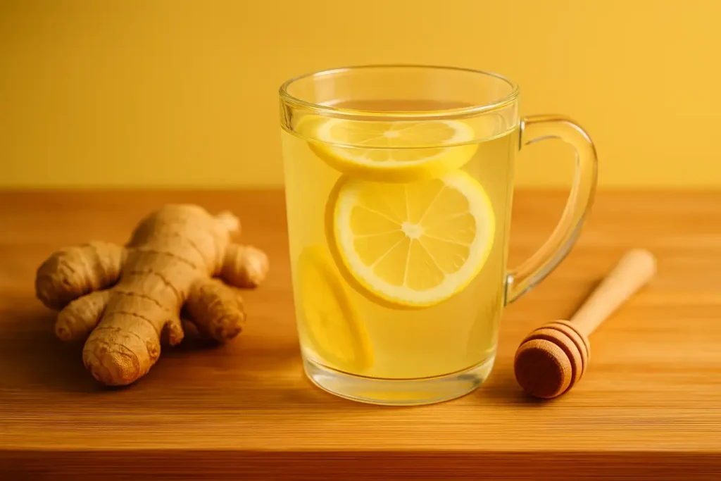 لیوان آب لیمو و زنجبیل تازه روی میز چوبی برای چربیسوزی طبیعی