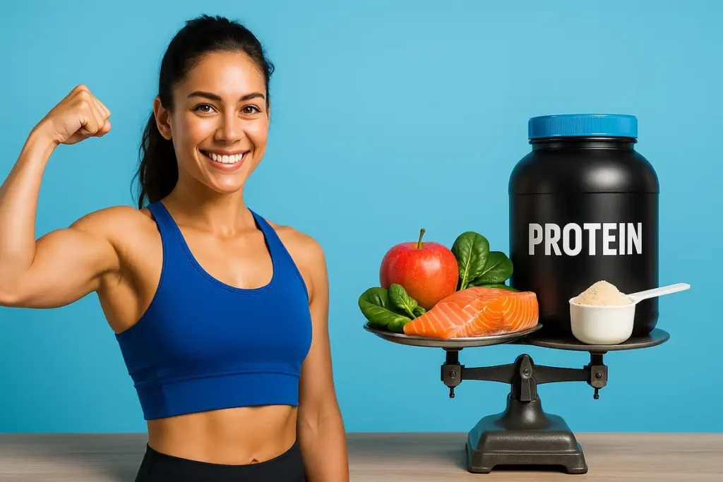 نمای مقایسه‌ای زن خوش‌فرم در کنار ترازوی تغذیه برای توضیح تأثیر مصرف پروتئین