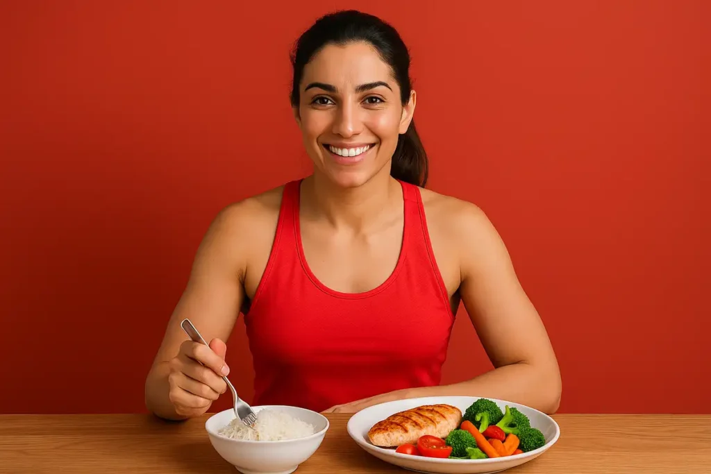 زن ایرانی در حال خوردن وعده سالم با برنج و مرغ گریل در آشپزخانه روشن برای مقاله لاغری