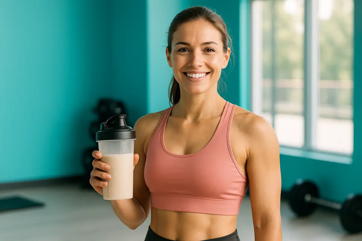 زن ورزشکار لبخندبهلب با شیکر پروتئین وی در باشگاه روشن و مدرن برای مقاله آموزشی