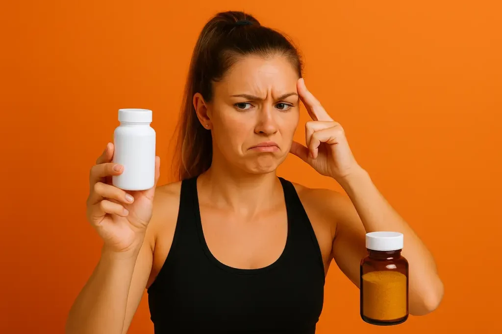 ورزشکار زن در حال فکر کردن با نگرانی برای نشان دادن اشتباه در مصرف همزمان مکملها