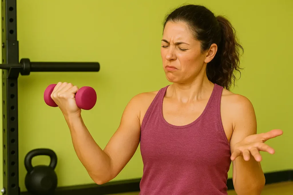 زن در حال انجام اشتباه در تمرین بازو در خانه در حالی که مربی مجازی فرم صحیح را نشان میدهد