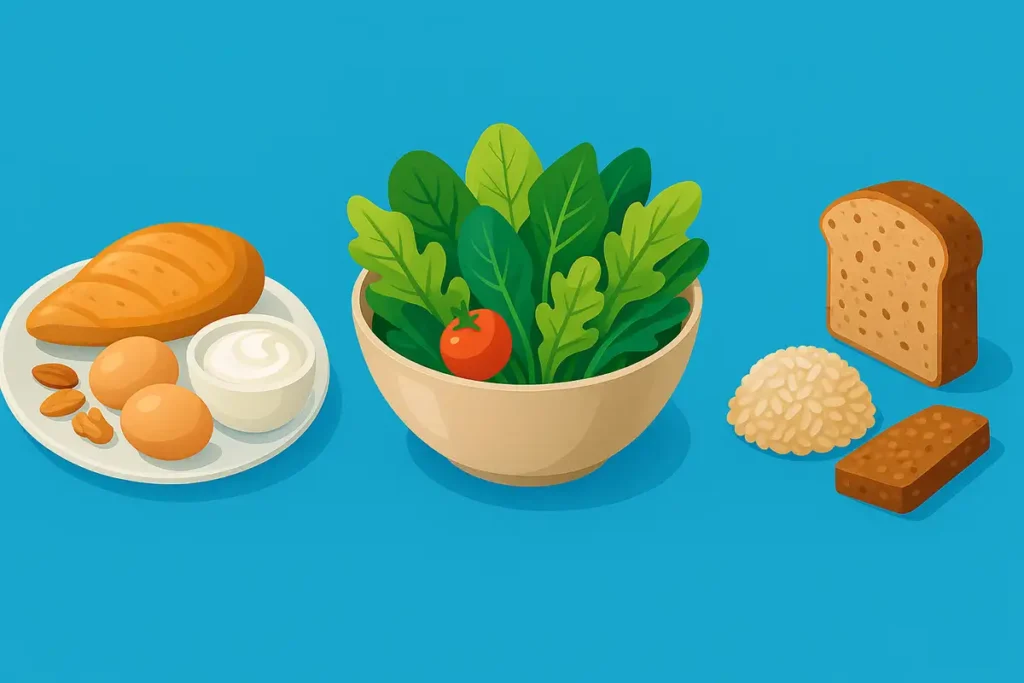 ایلوستریشن سه اصل برنامه غذایی بدون گرسنگی شامل پروتئین، سبزیجات حجیم و کربوهیدرات هوشمند