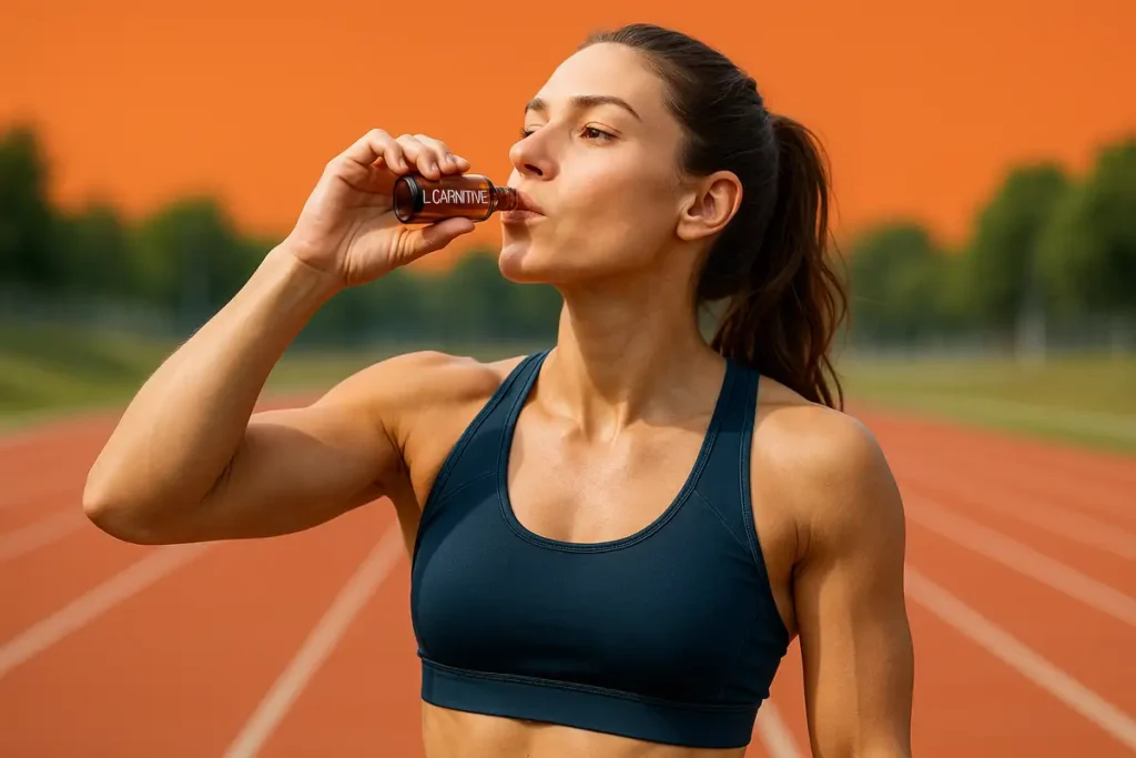 زن ورزشکار در حال مصرف ال کارنیتین قبل از تمرین برای چربی سوزی و حفظ عضله