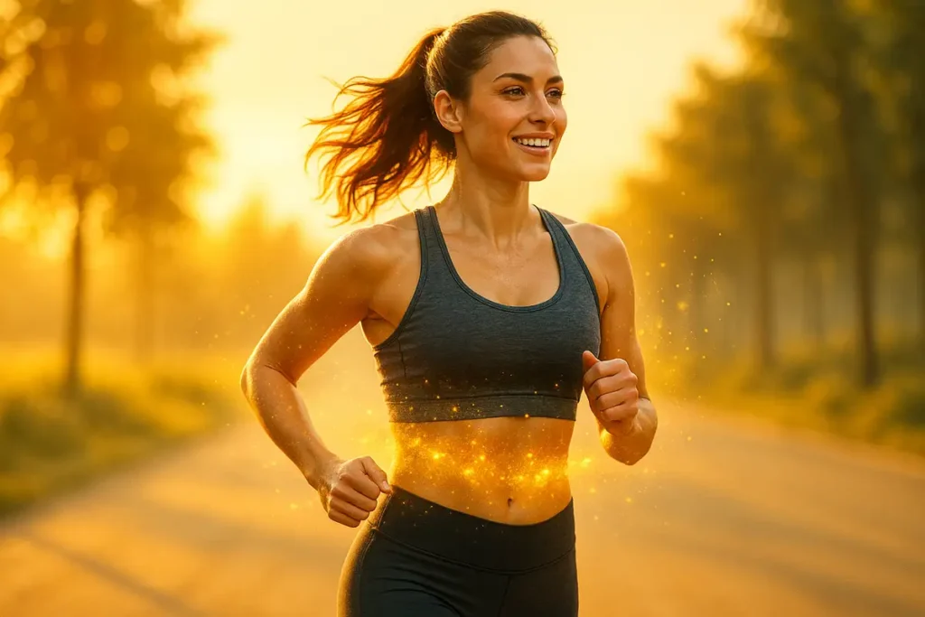 زن ورزشکار در حال تمرین صبحگاهی که انرژی از چربی می‌گیرد با افکت نوری الهام‌بخش