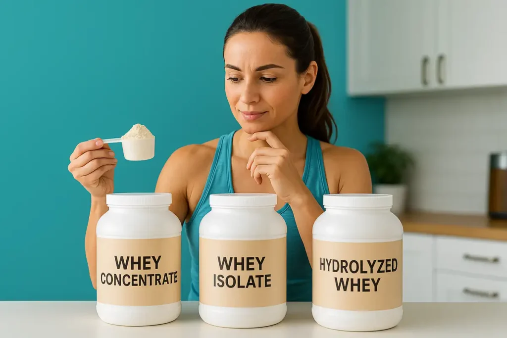 زن فیتنس در حال مقایسه انواع پروتئین وی روی میز آشپزخانه برای انتخاب بهترین نوع