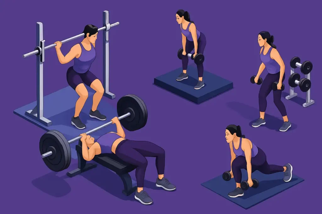 تصویر ایزومتریک از برنامه تمرینی نمونه برای خانمهای بالای ۳۰ سال شامل حرکات چندمفصلی و تمرینات قدرتی