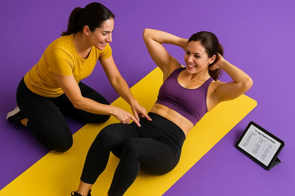 برنامه تمرینی ۱۴ روزه لاغری شکم با نمایش مربی و شاگرد در حال تمرین روی مت ورزشی