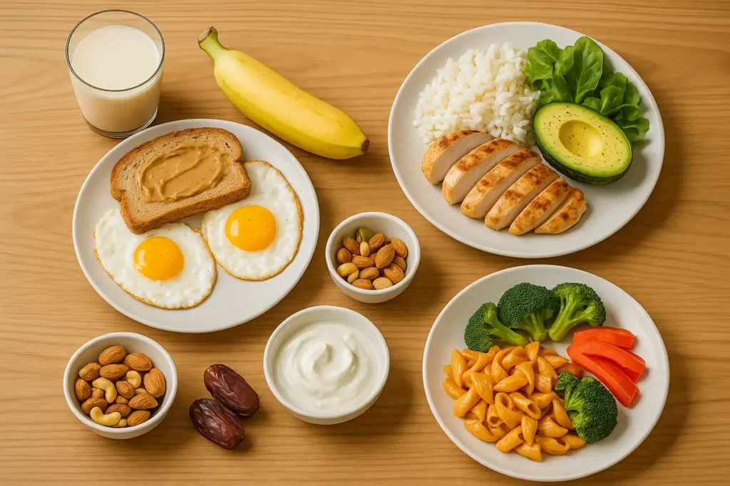 نمونه وعدههای غذایی متنوع و سالم برای افزایش وزن خانمها بهصورت چیدمان از بالا