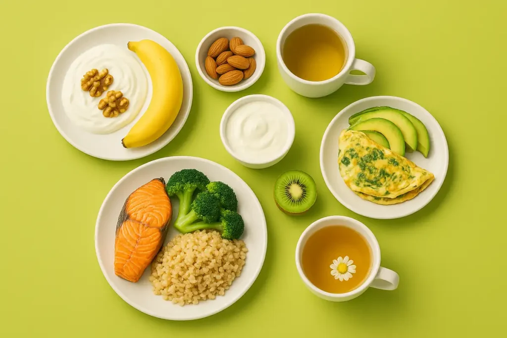 نمونه واقعی برنامه یک‌روزه ضد استرس شامل صبحانه ماست و موز، ناهار سالمون، میان‌وعده‌ها و شام اسفناج و دمنوش