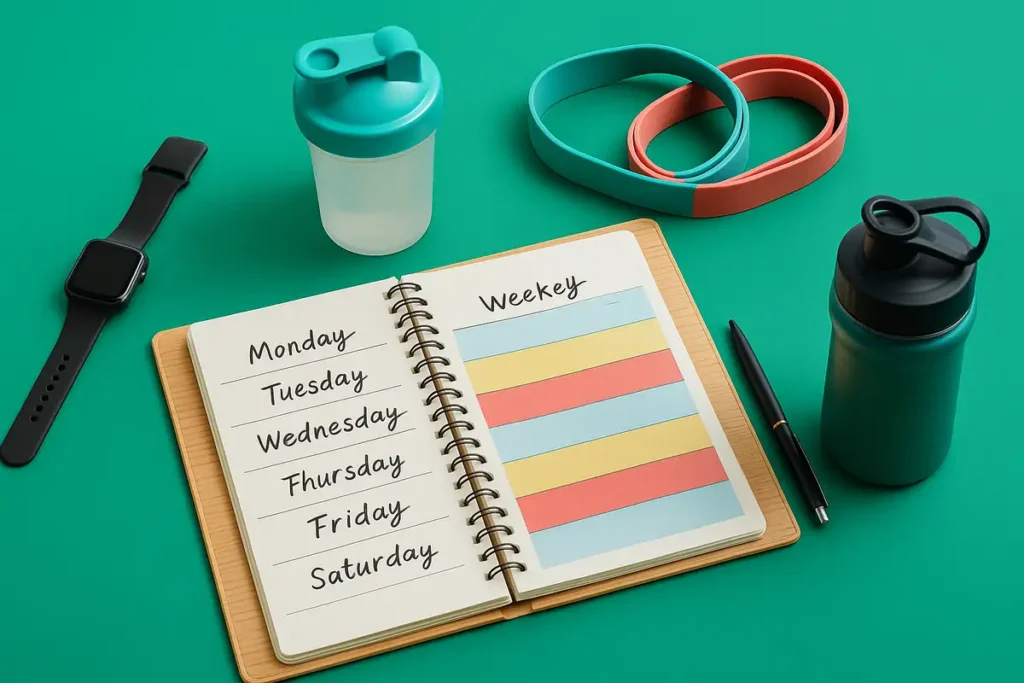 دفترچه و برنامه هفتگی تمرینات بالاتنه بانوان با وسایل ورزشی روی میز