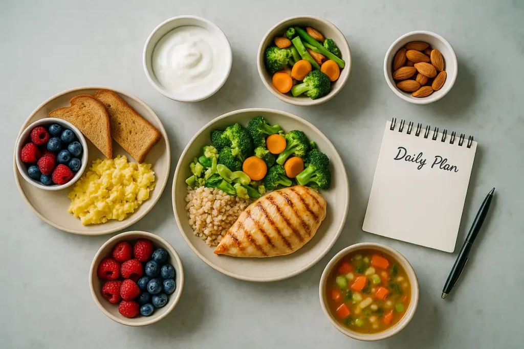 چیدمان ظرفهای برنامه غذایی منظم مخصوص لاغری بعد از زایمان