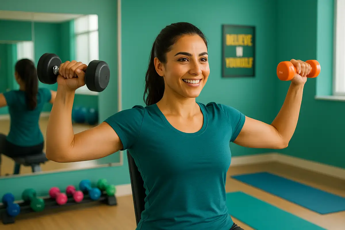 بانوی ورزشکار در حال اجرای حرکت پرس سرشانه با دمبل که یکی از بهترین حرکات فرم دهی بالاتنه زنان است