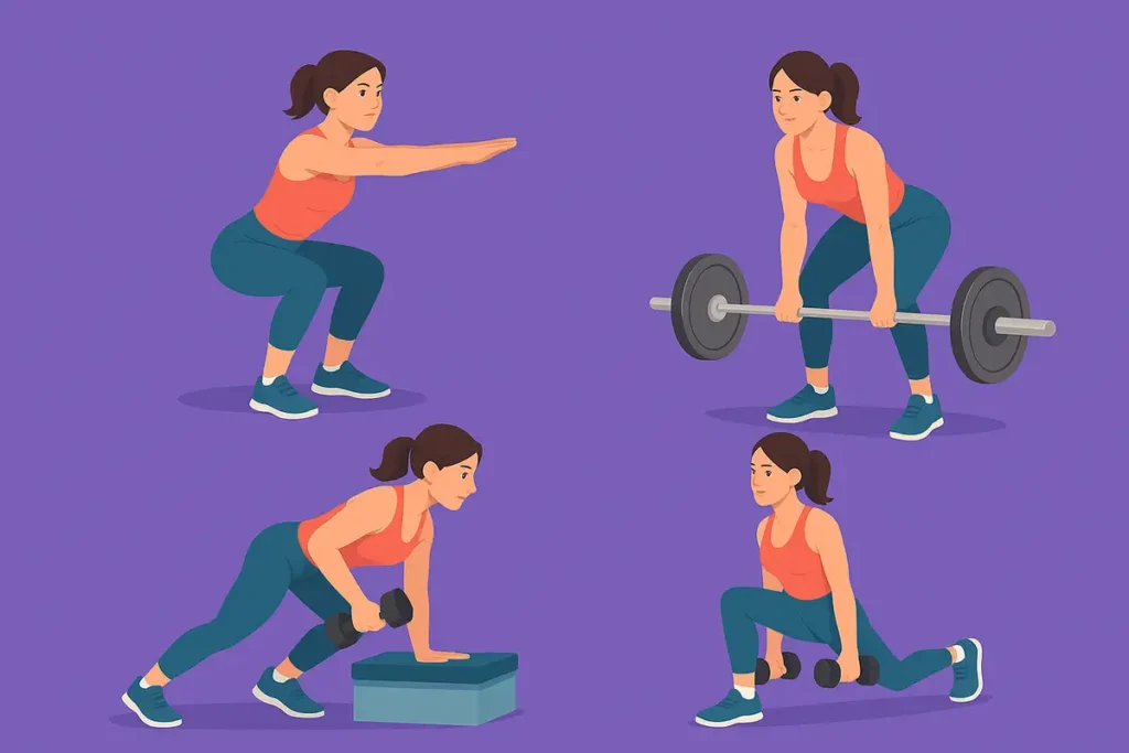 نمایش تصویری بهترین تمرینات بدنسازی برای خانمهای بالای ۳۰ سال شامل اسکوات، ددلیفت، روینگ و لانجز