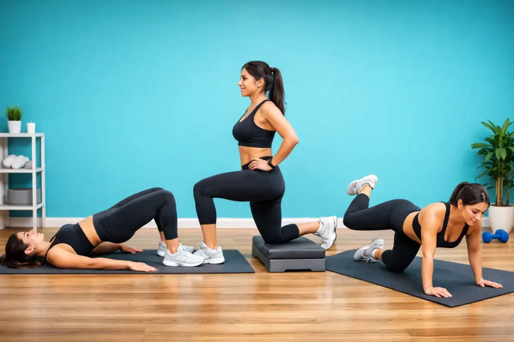 نمایش حرکات مؤثر باسن بدون وزنه شامل گلوت بریج و اسپلیت اسکوات در تمرین خانگی بانوان