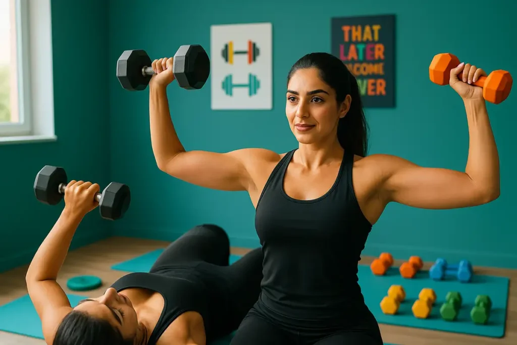 زن ایرانی در حال اجرای حرکات پرس سینه و نشر جانب با دمبل برای فرمدهی بالاتنه در باشگاه مدرن