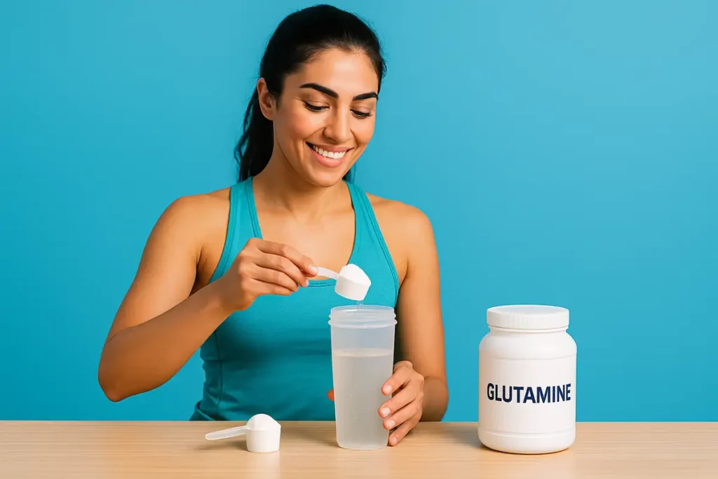 زن ورزشکار در حال آمادهسازی مکمل گلوتامین در آشپزخانه برای مصرف صحیح
