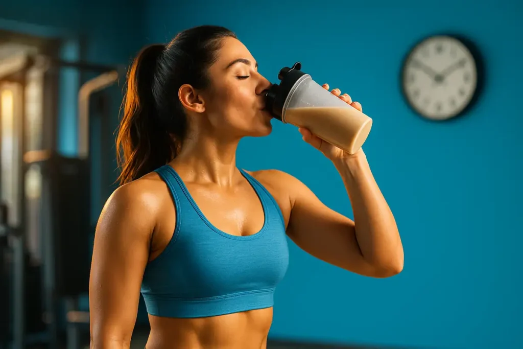 زن ورزشکار در حال نوشیدن شیک پروتئین بعد از تمرین با نور طلایی عصر