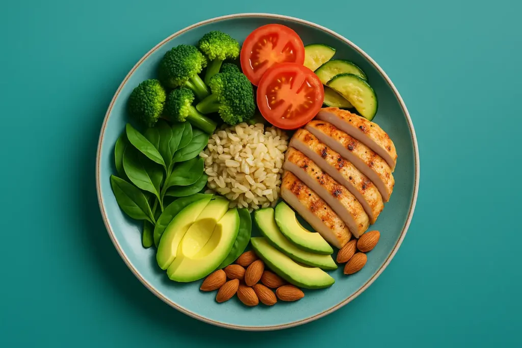 بشقاب غذایی متعادل شامل پروتئین، سبزیجات و کربوهیدراتهای پیچیده برای سیری طولانی